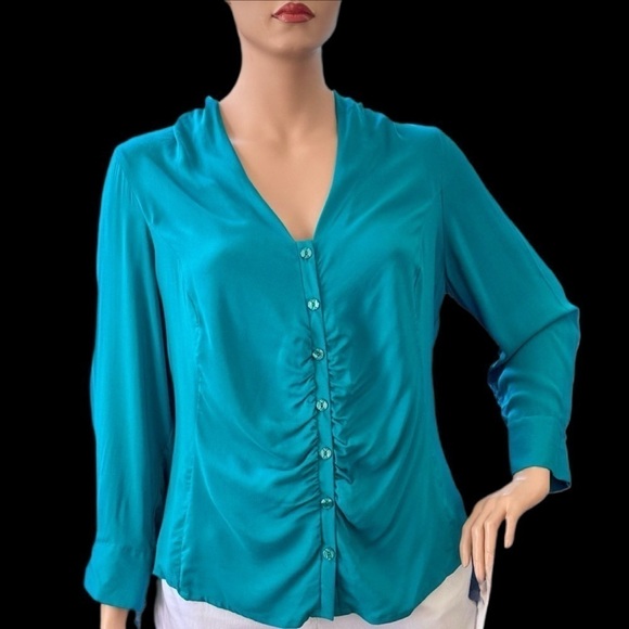 Igigi Tierney Blouse Plus Size 20 Jade Green Cuffs Sleeves Button-Up Ruching NEW - Picture 3 of 11
